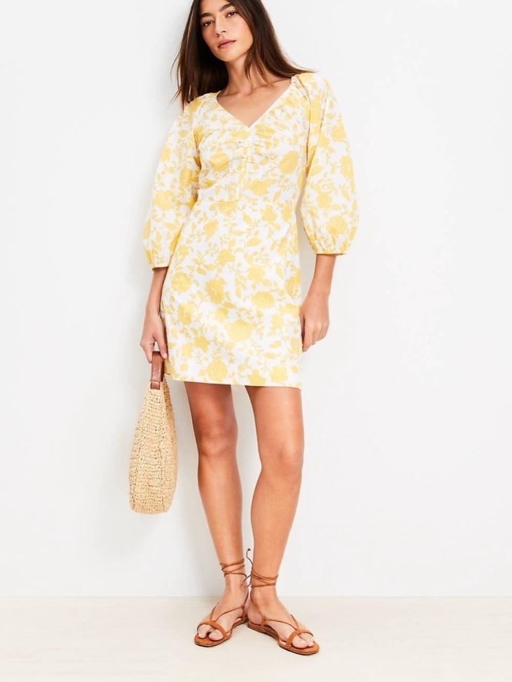 LOFT shirred floral poplin mini dress NWOT